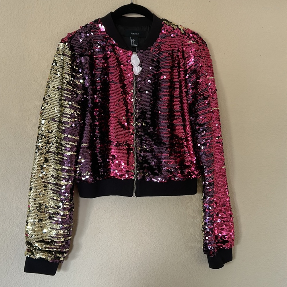 NWT Forever 21 Black Pink and Purple Sequin Jacket Large